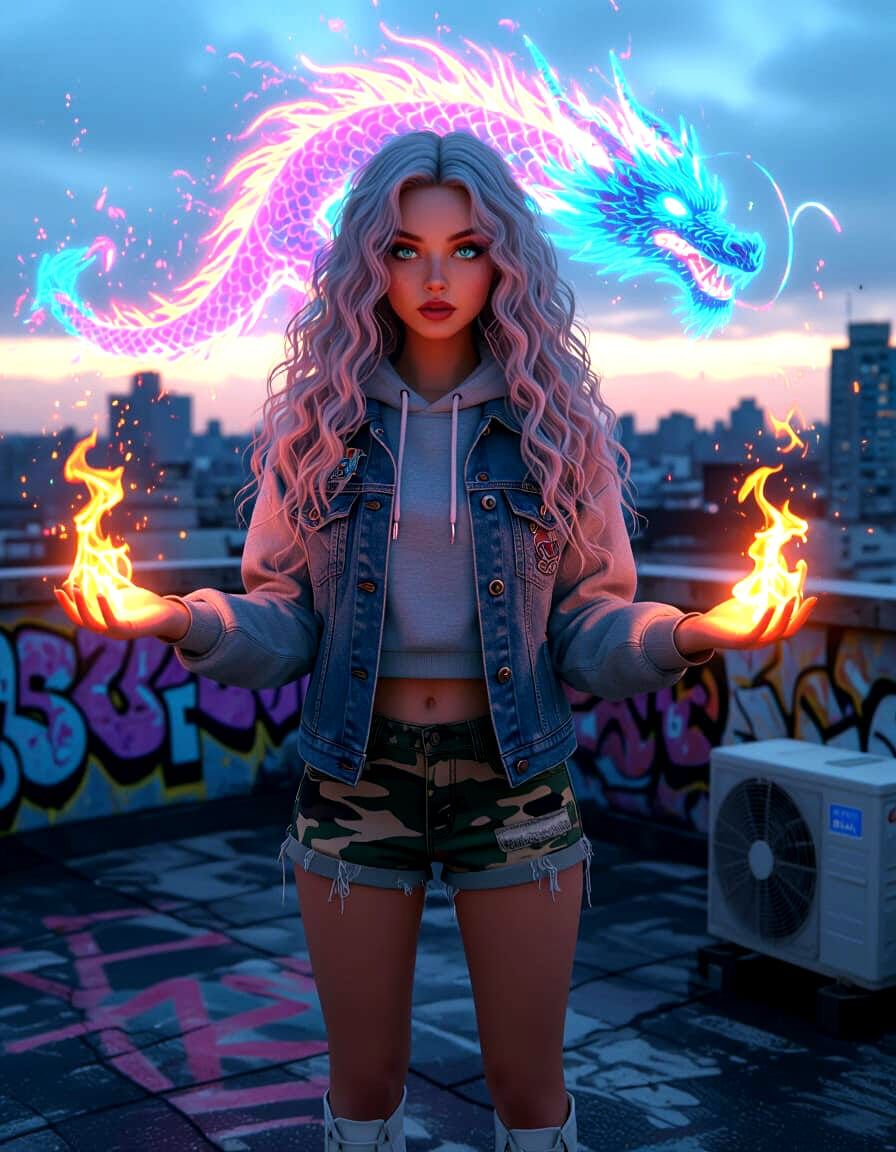 Urban Fantasy Woman Holds Fire with Spectral Dragon