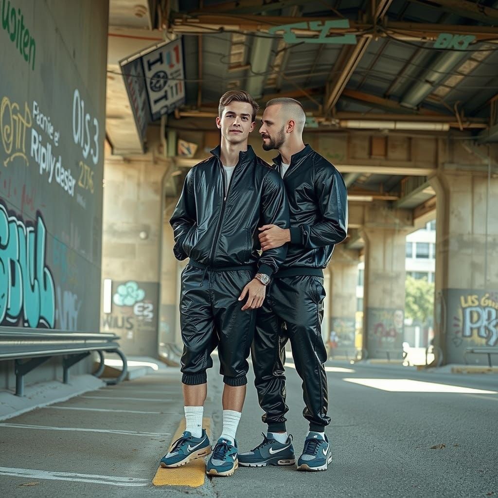 Gay Couple Embrace Under Urban Overpass