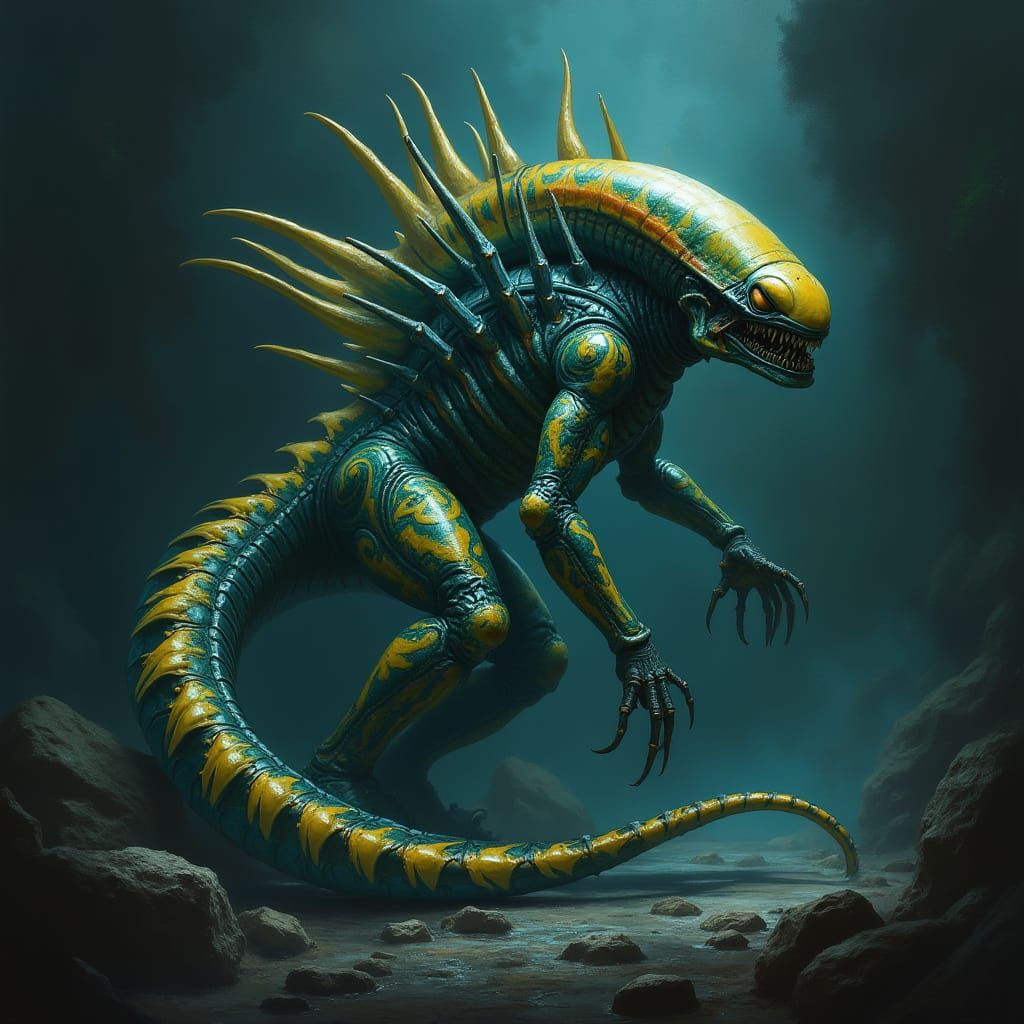 Deadly Elegance: Xenomorph Emerges in Toxic Green and Blue