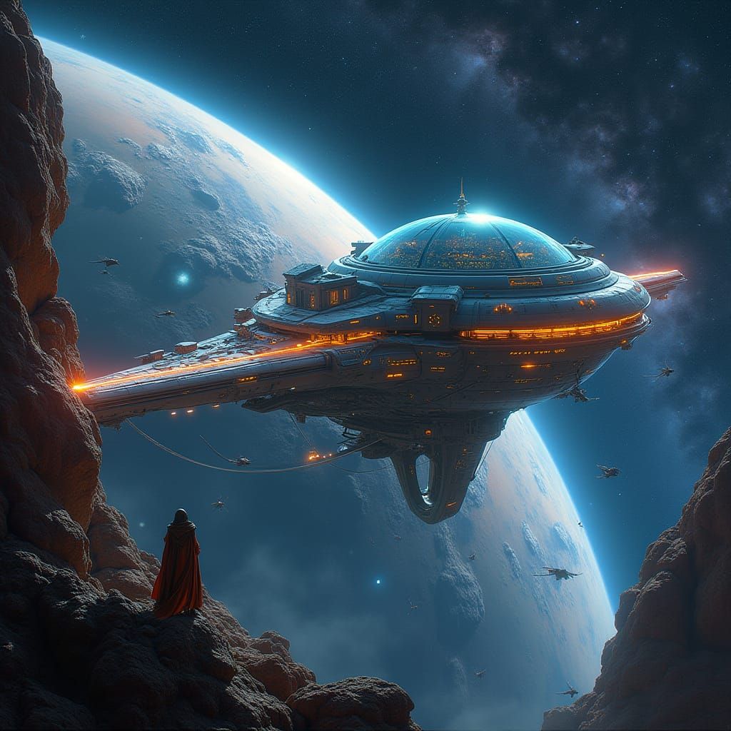 Sleek Futuristic Space Station in Neon-Lit Orbit