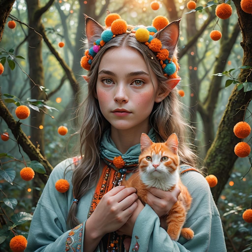 Elven Portrait of Cat in Mystical Forest