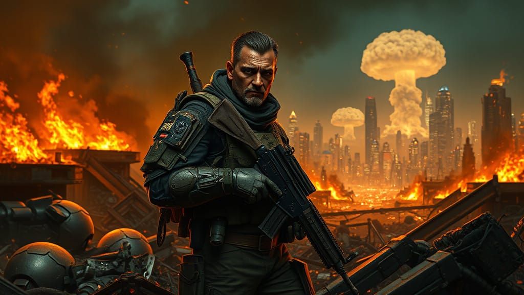 Cyberpunk Warrior Stands Amidst Dystopian Ruins in Futuristi...