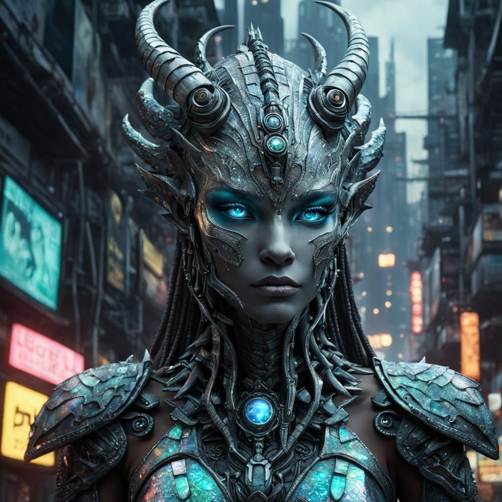 Cyberpunk Goddess in Iridescent Splendor