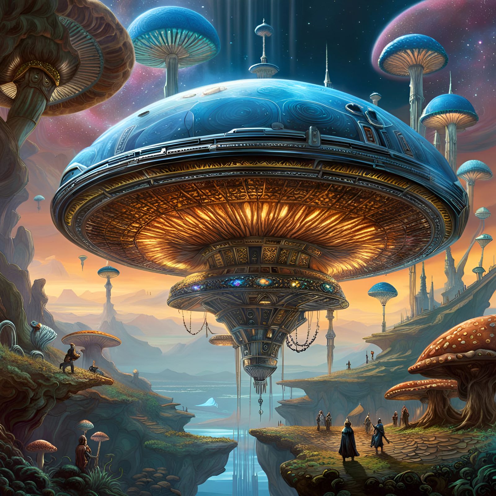 Mushroom Spaceship Launching into Sci-Fi Nebula