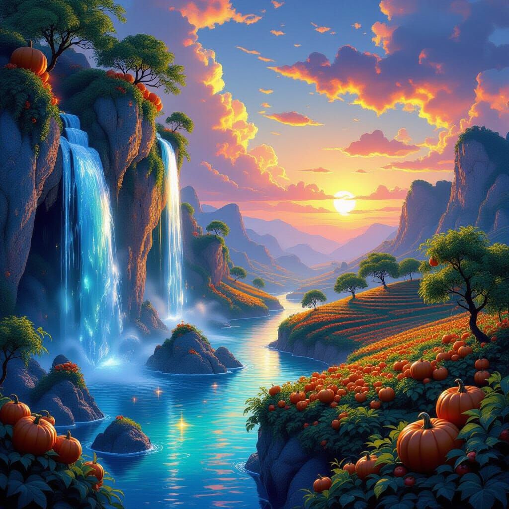 Surreal Gem Cave With Floating Islands and Waterfalls