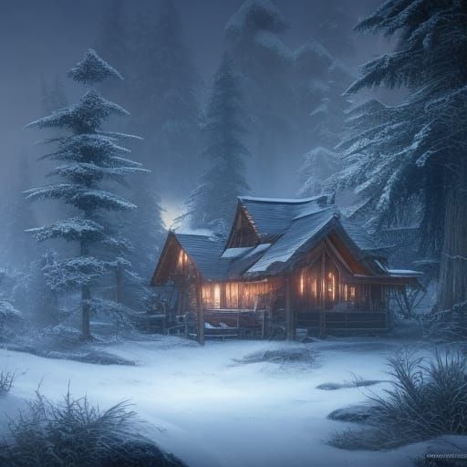Winter Cabin in Snowy Woods: Hyperrealistic Digital Art