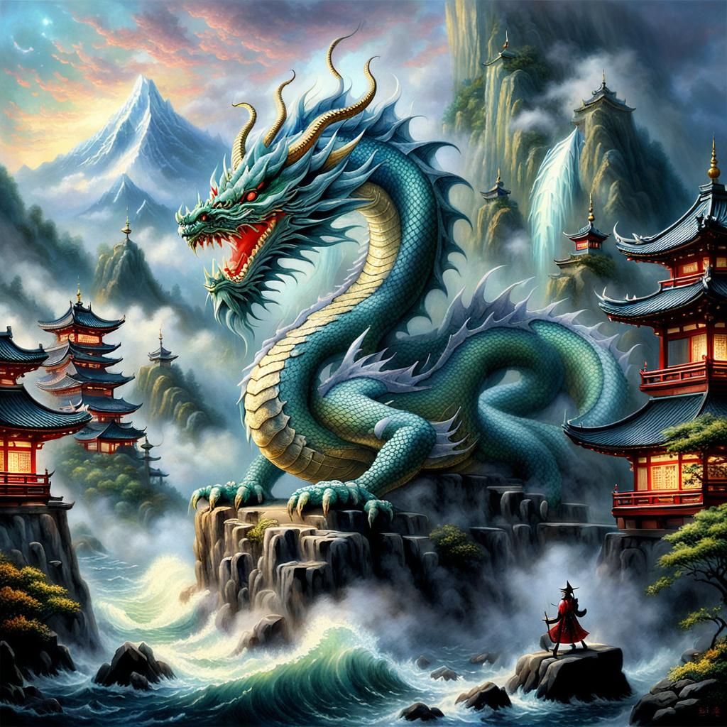 Ethereal Dragon God Ryūjin in Misty Landscape