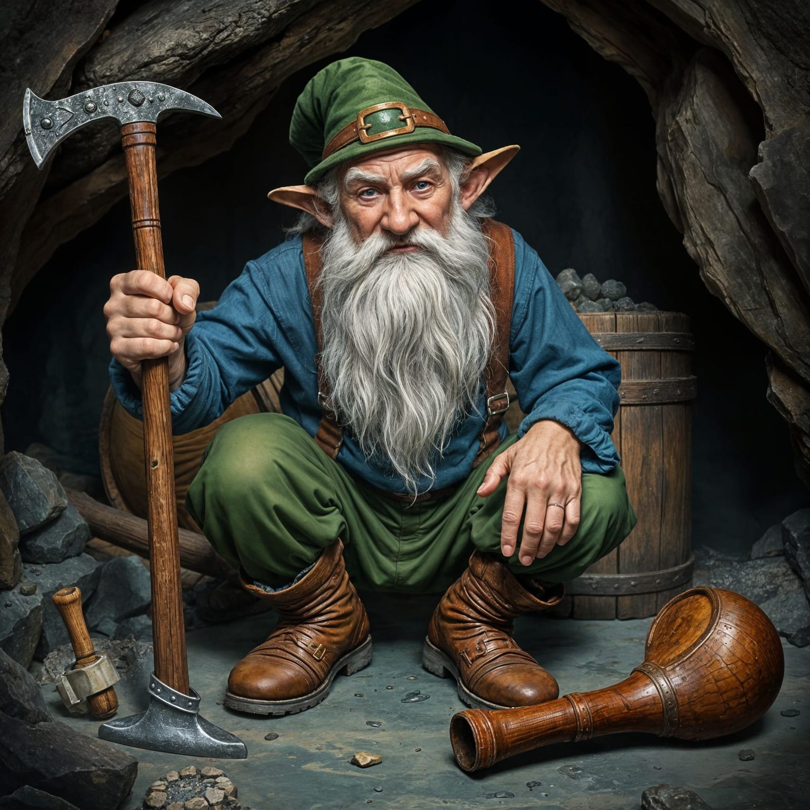 Elderly Dwarf Miner in Dimly Lit Cave with Pickaxe