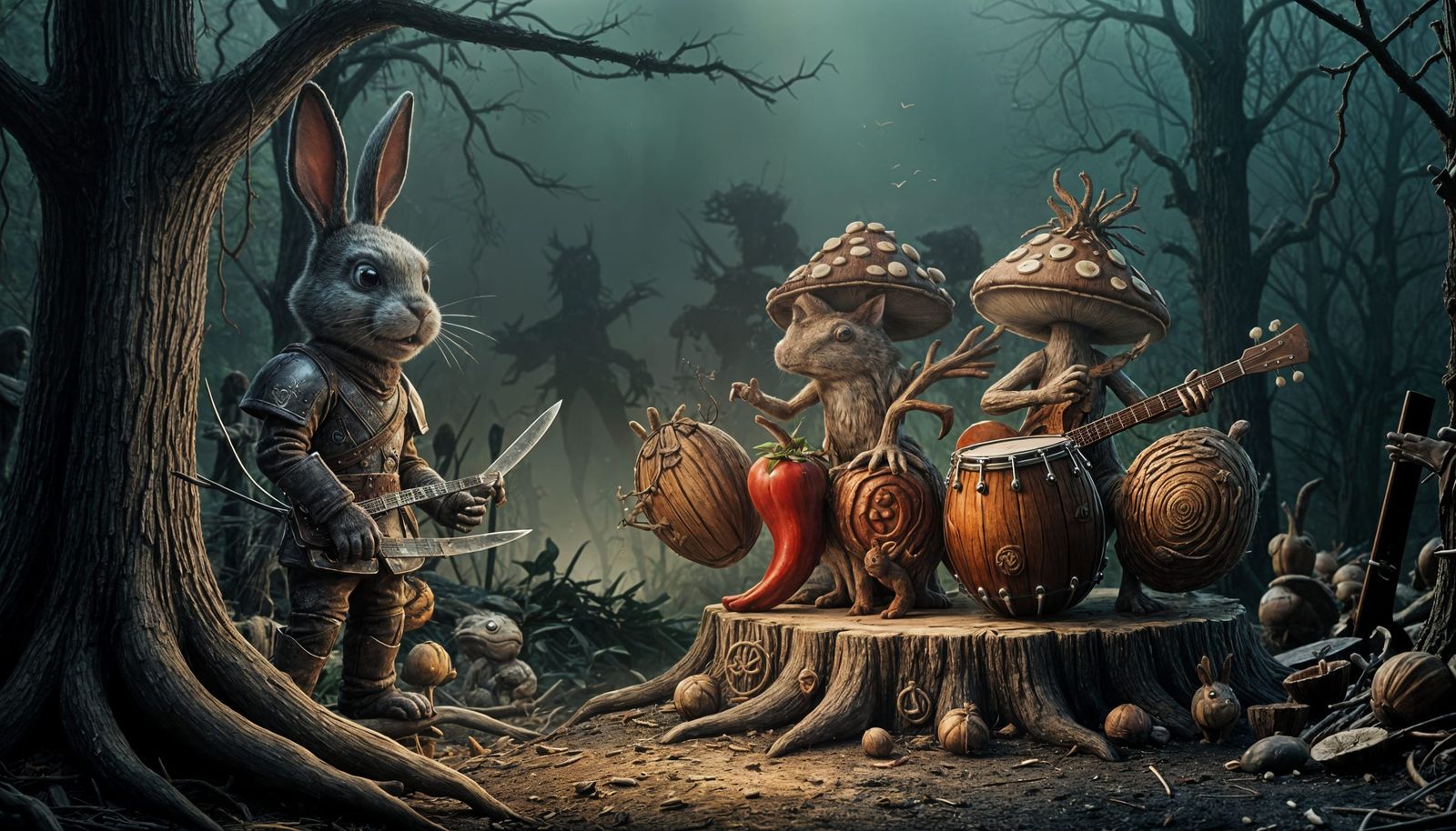 Sentient Rabbit Lurks in Dark Forest, Watching Unaware Band