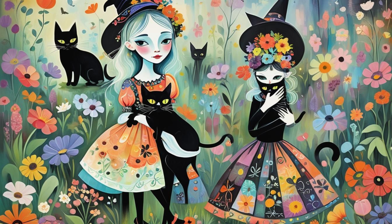 Little Witch Hugging Cat in Whimsical Garden