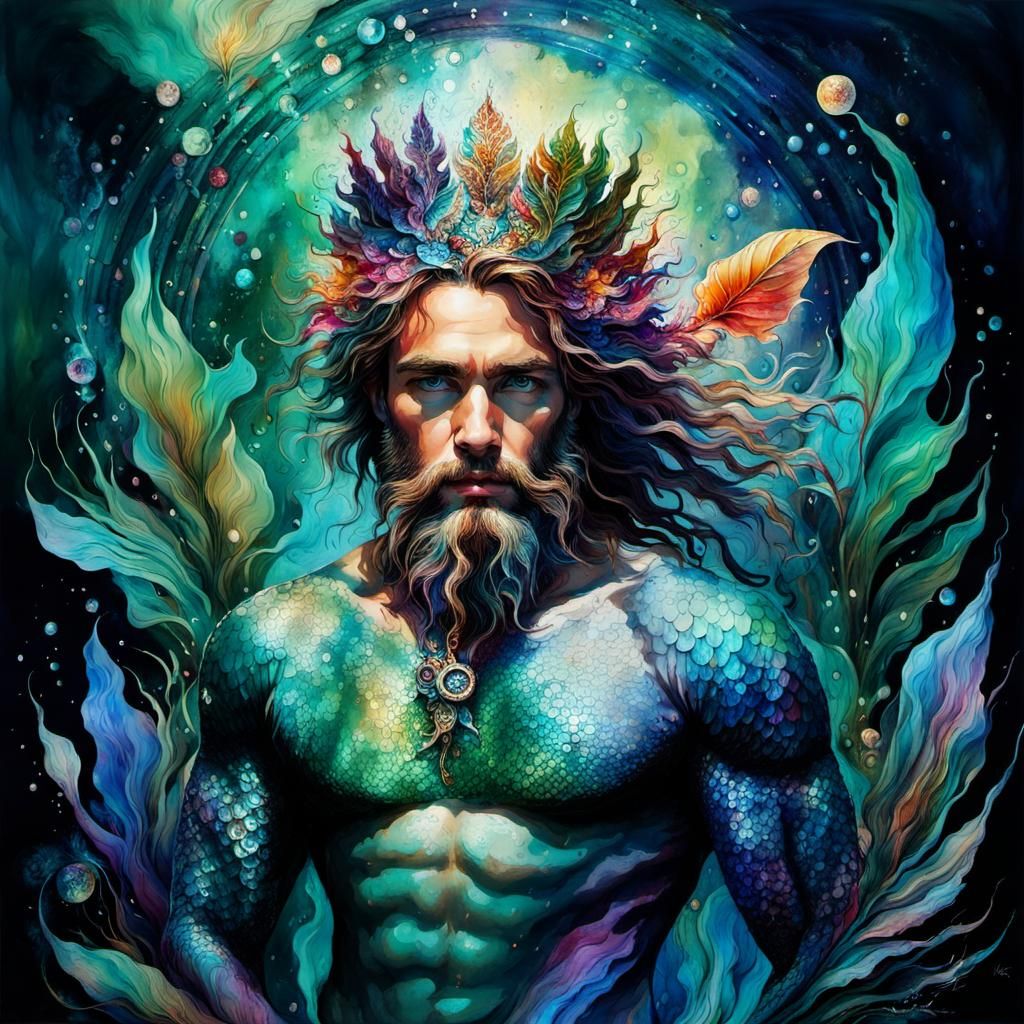 Intricate Male Mermaid Quaternary Mandala in Vibrant Watery...