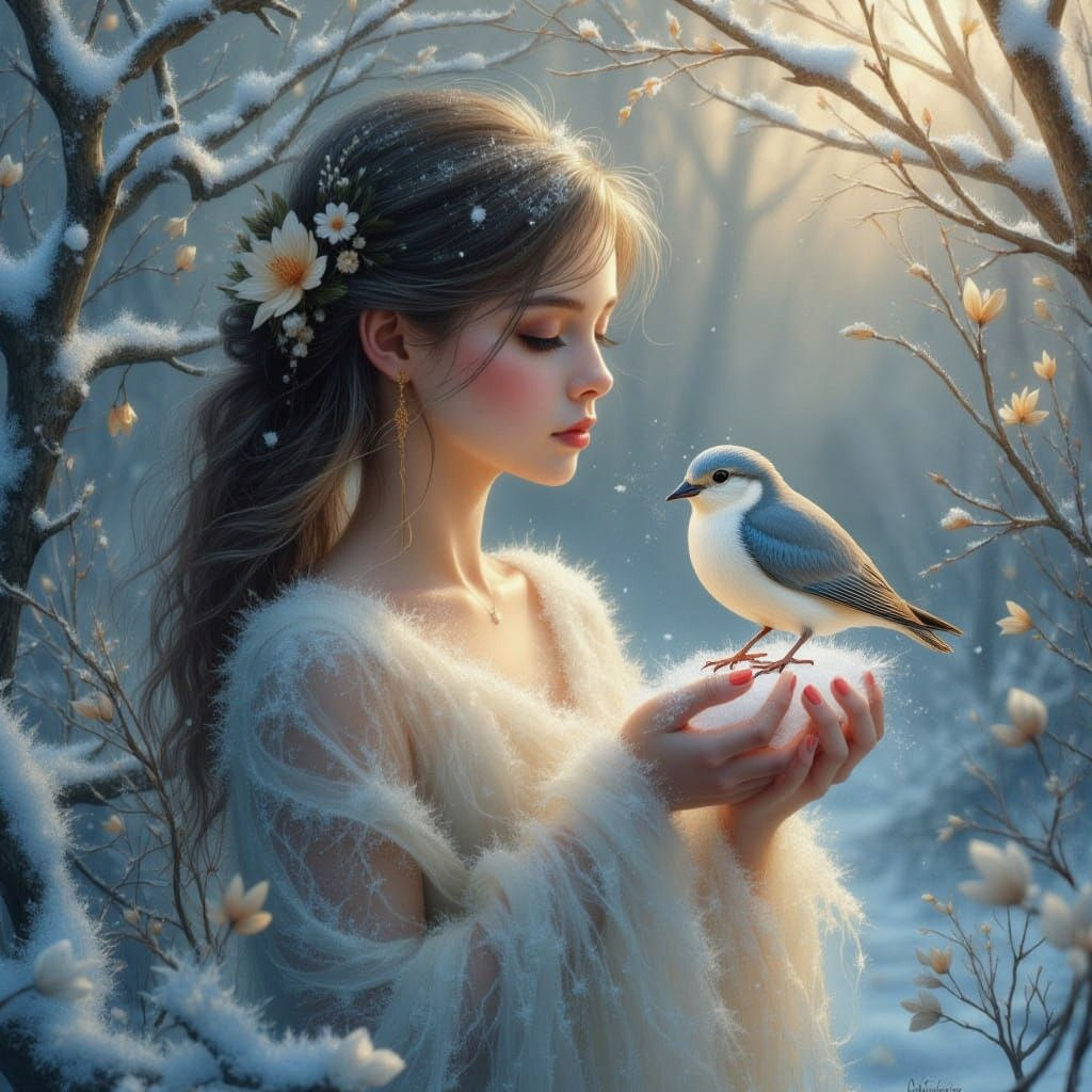 Winter Woman Holding Snowbird in Impressionistic Style
