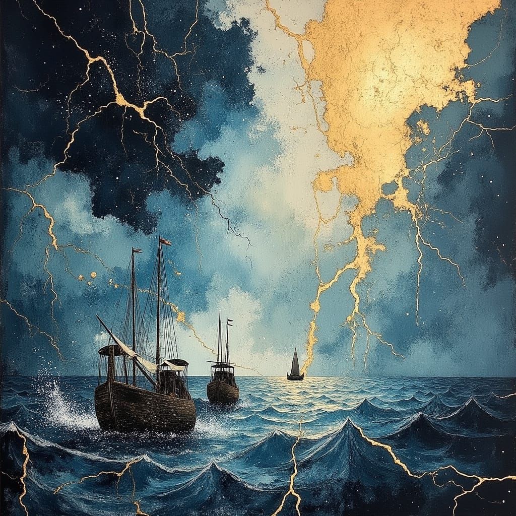 Epic Stormy Seascape in Gouache Style with Aeolus Goddess