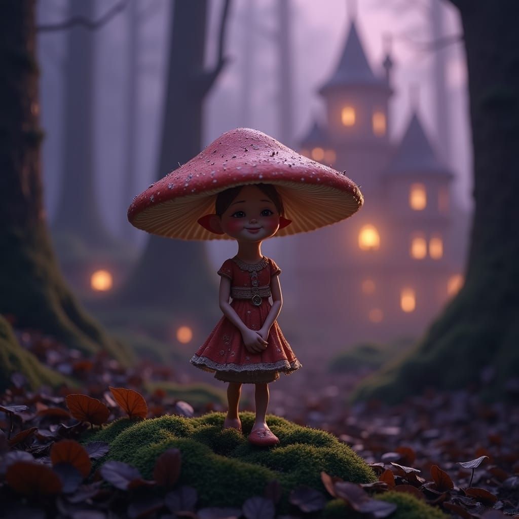 Enchanting Mushroom Character in Fantasy Village Scene