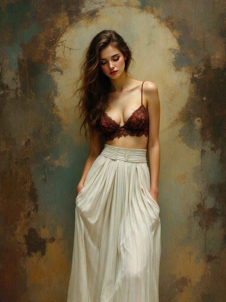 Elegant Woman in White Skirt: Art Nouveau Fusion
