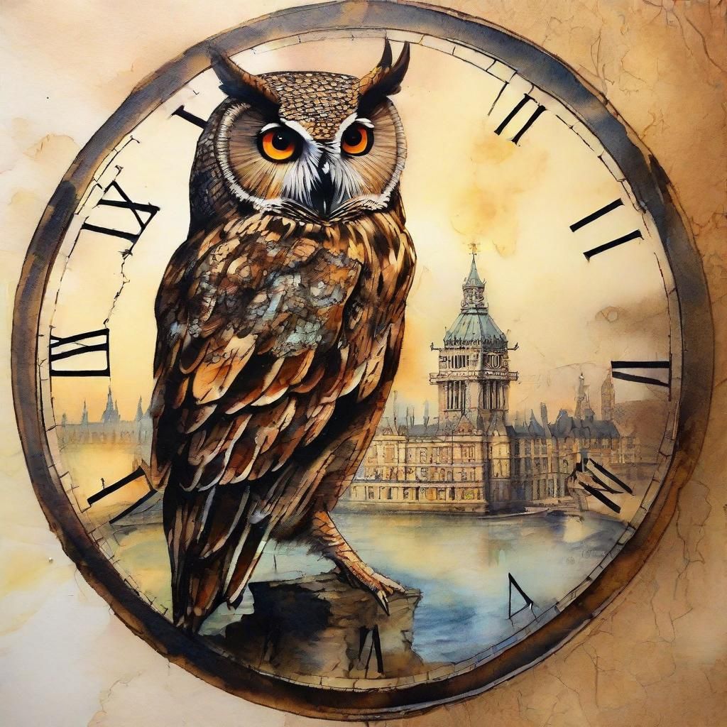 Steampunk Owl with Clock Face Double Exposure