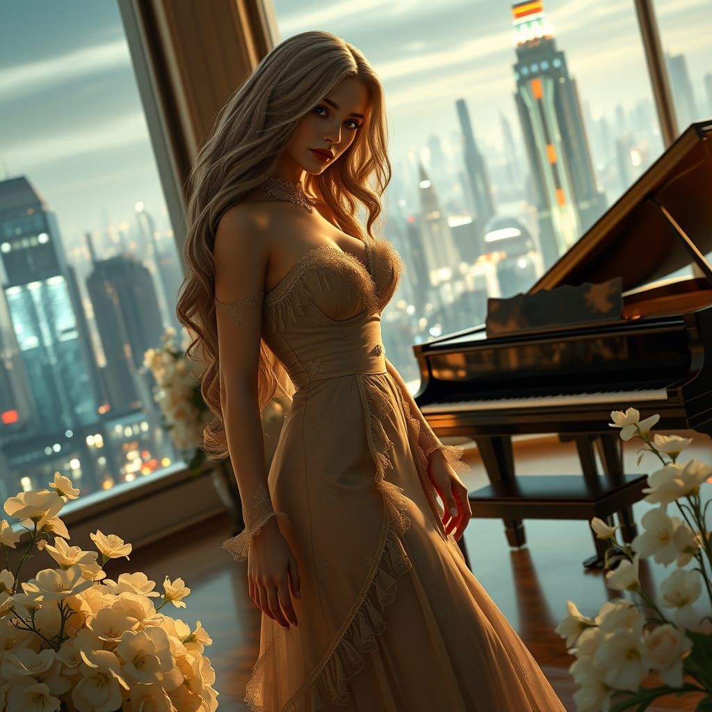 Victorian Goddess in Futuristic Cityscape