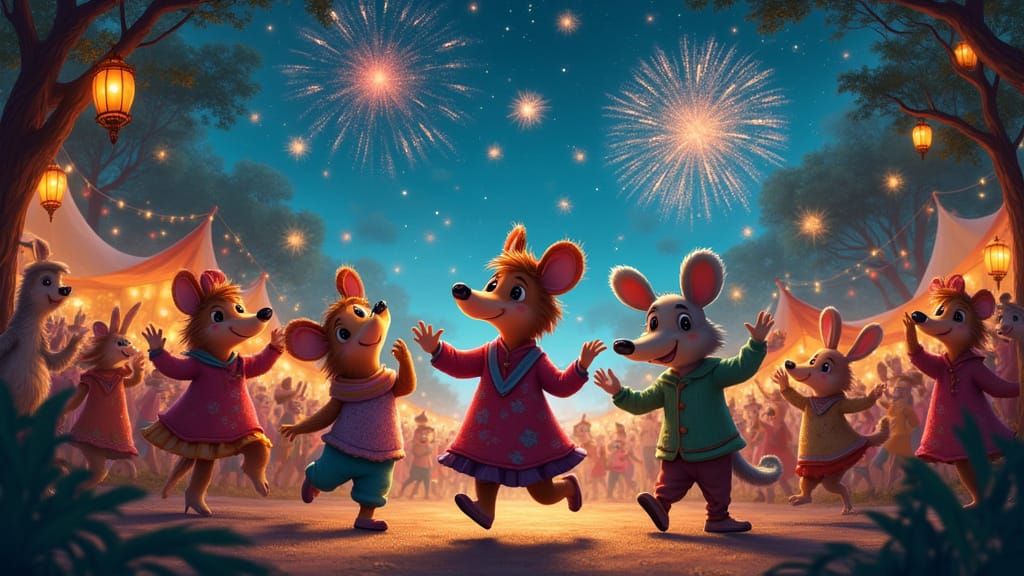 Cartoon Jungle Fair: Animals Dancing Under Fireworks