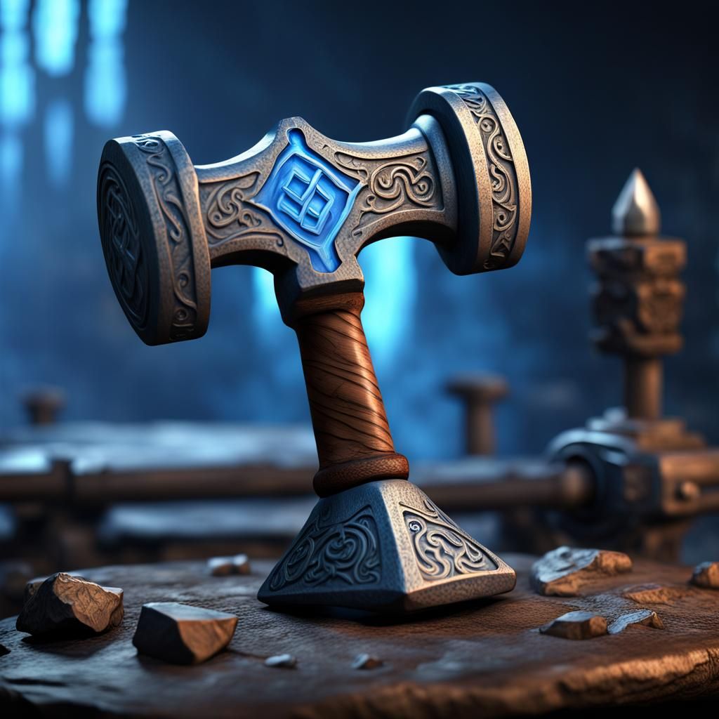 Fantasy Dwarf Hammer with Glowing Runes on Anvil