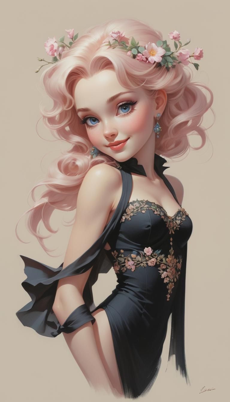 Smirking Girl with Flowers in Fantasy Art Style