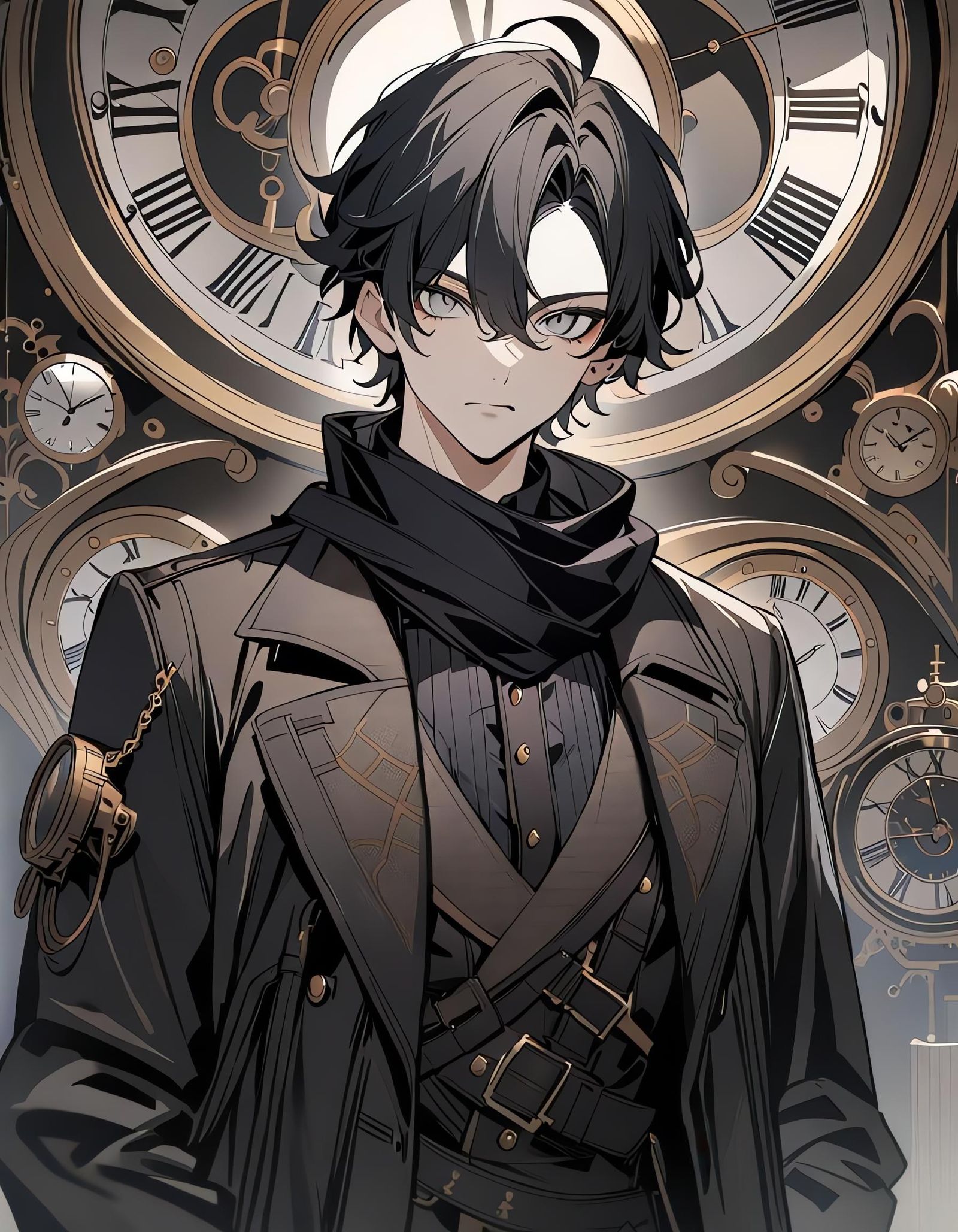 Steampunk Detective Portrait with Vintage Clocks