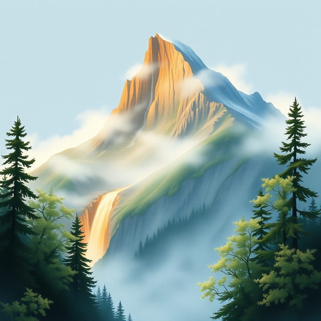 Golden Waterfall on Misty Mountain Peak