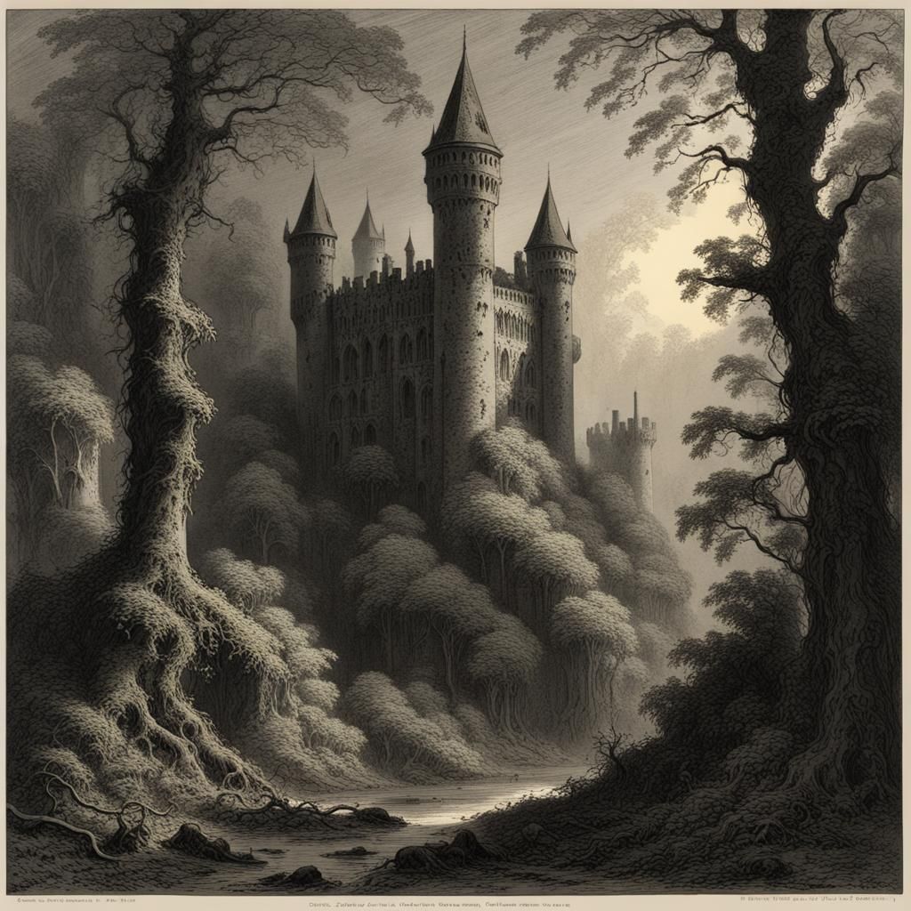 Gothic Castle in Evergreen Forest: Medieval Engraving
