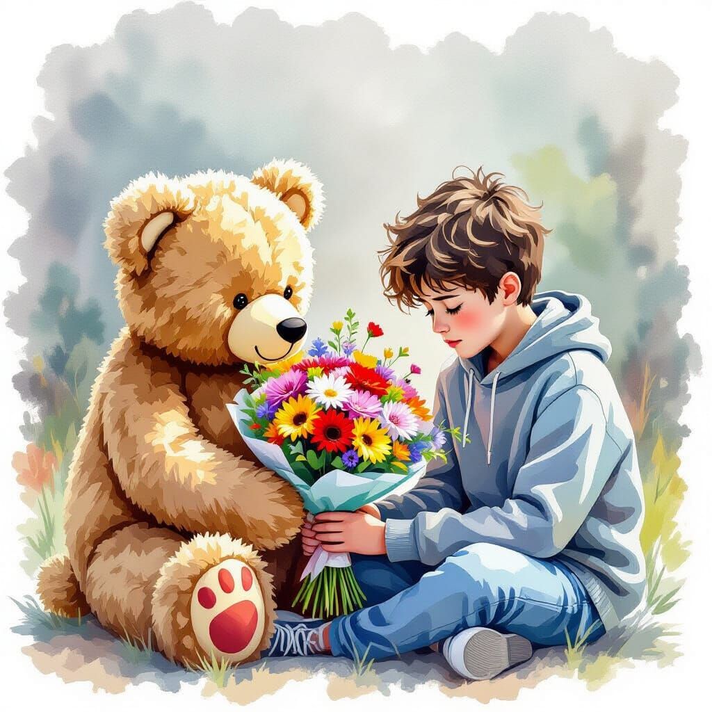 Teddy Bear Comforts Sad Teen: Watercolor Style