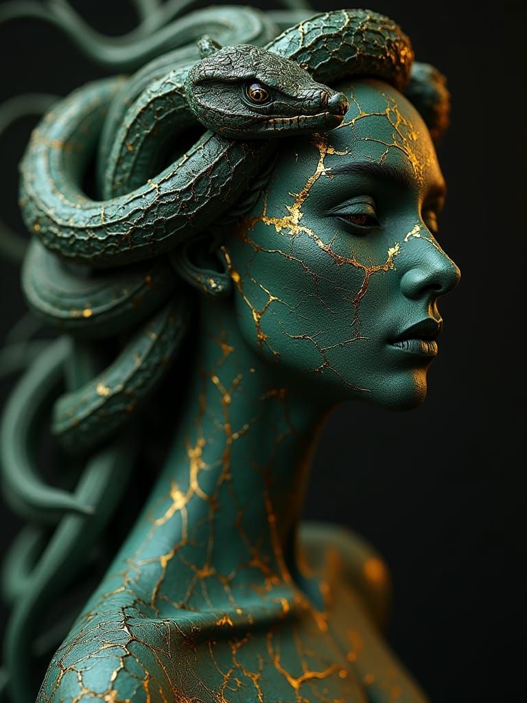Intricate Porcelain Medusa with Golden Cracks