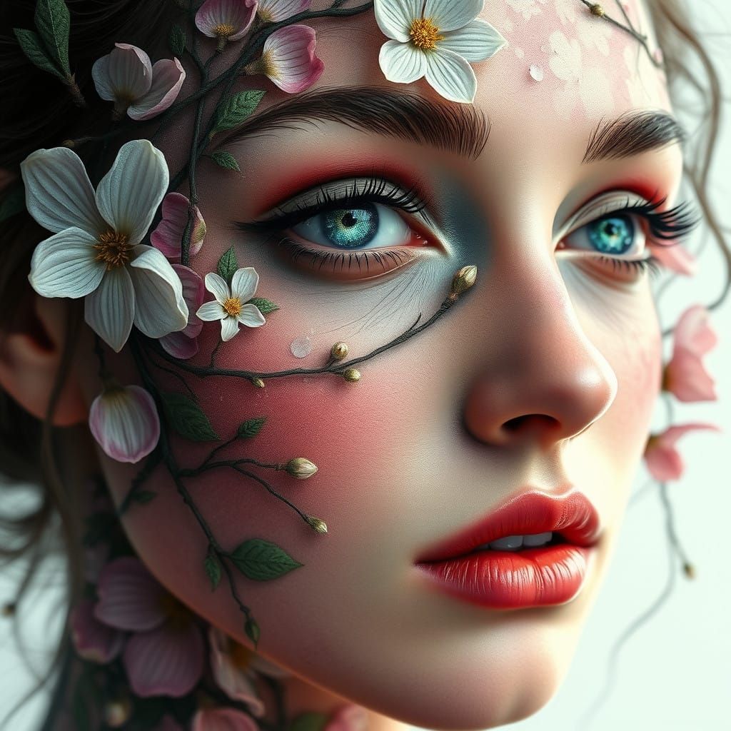 A Woman's Face as a Blossoming Garden in Mysterious Abstract...