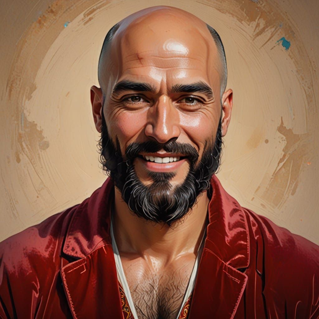 Cheerful Arab Man in Red Velvet Bathrobe