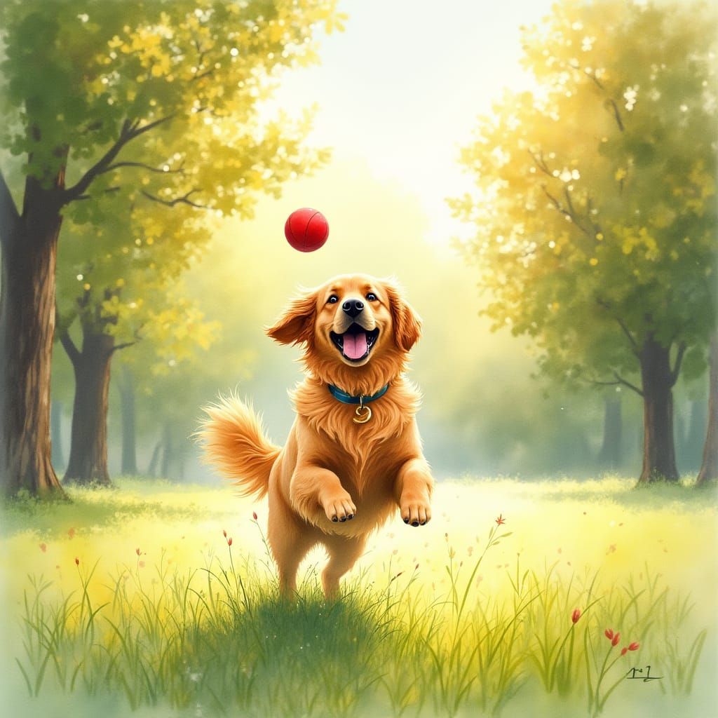 Golden Retriever Leaping for Ball in Sunlit Park Watercolor