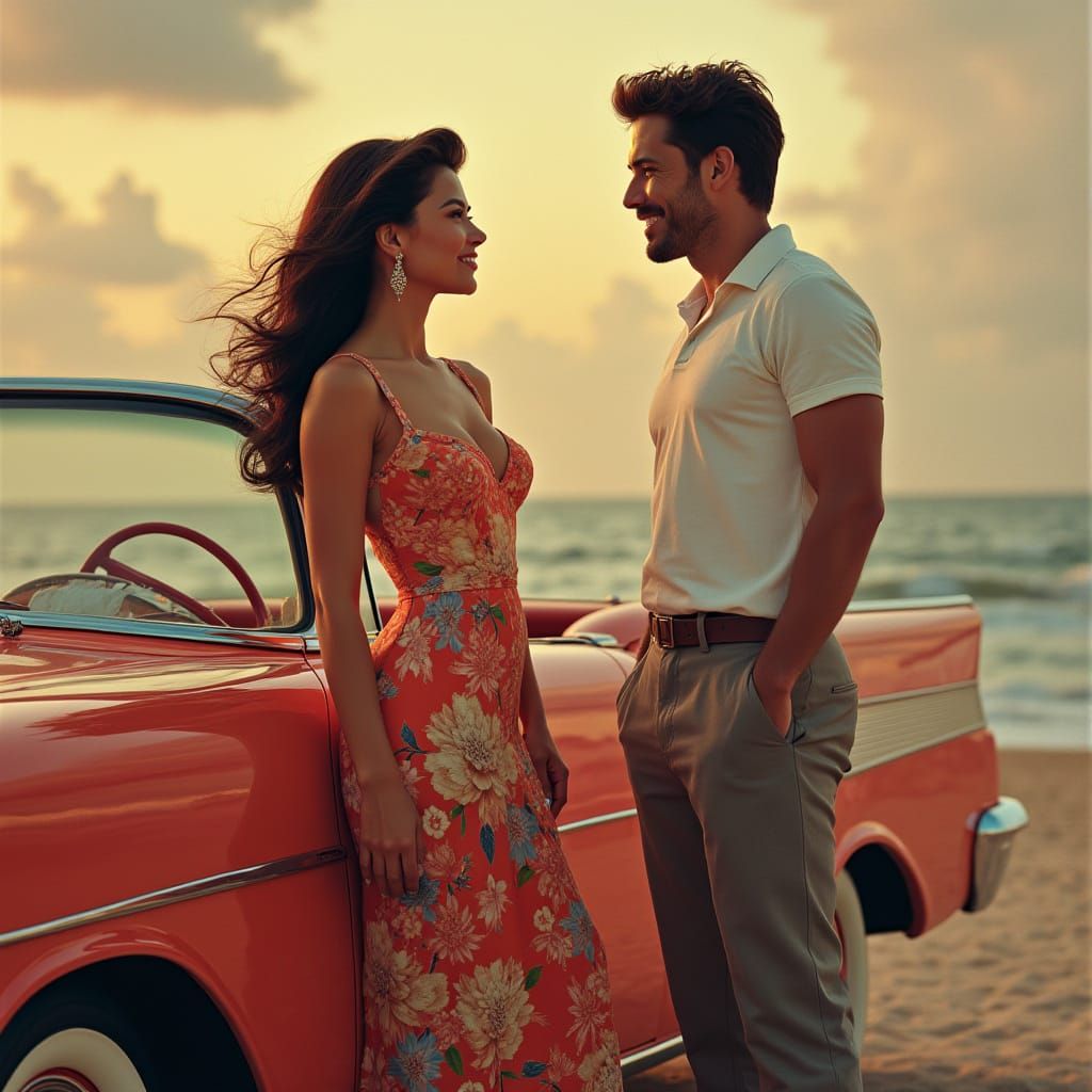 Latina Woman and 1957 Chevy Cabriolet, Retro Style