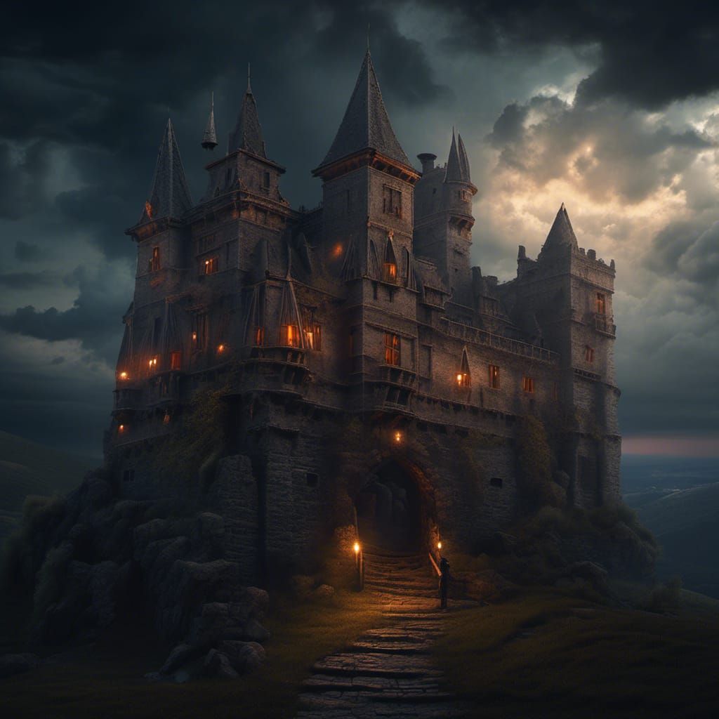 Ethereal Mage Descends Castle Staircase at Twilight