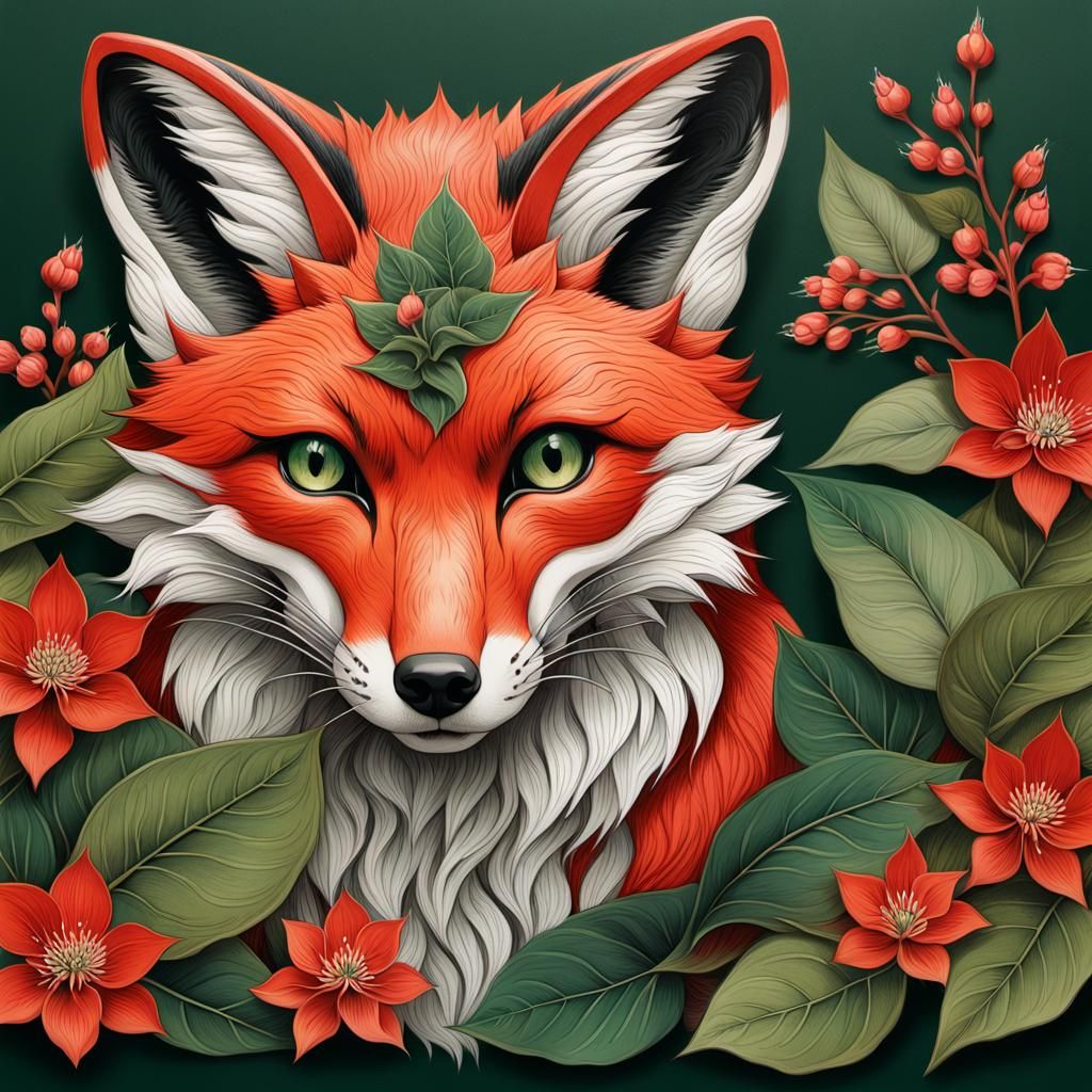 Fox Family with Botanical Adornments in Ukiyo-e Style