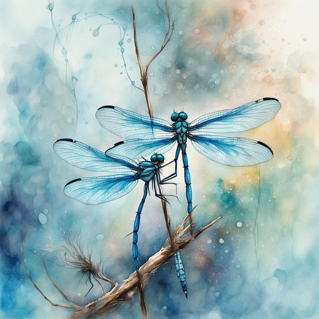 Blue Damselflies Mating: Splashy Watercolour Illustration