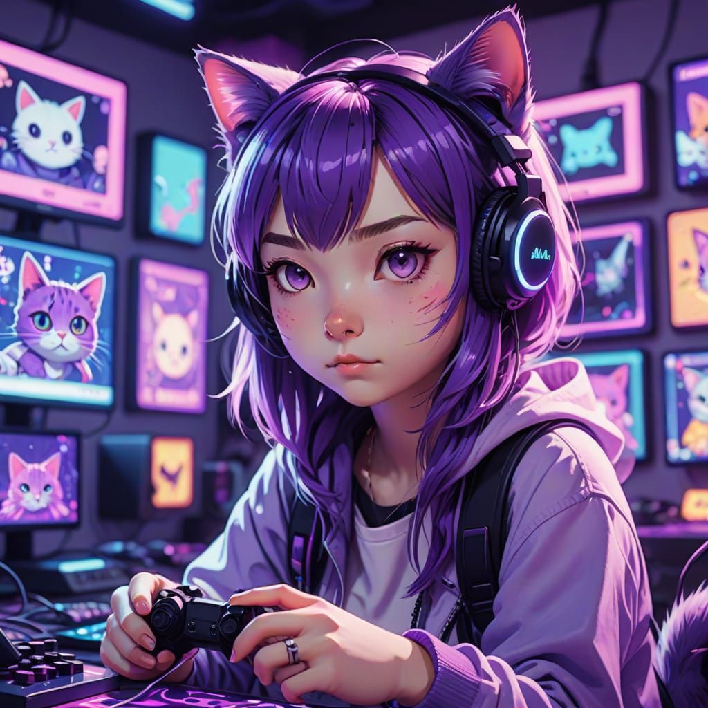 Anime Gamer Girl in Vibrant Purple Hues