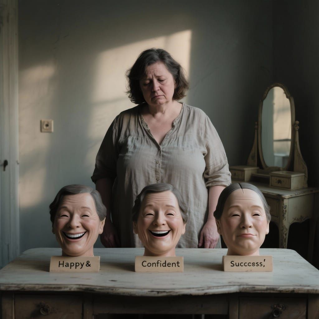 Woman Contemplates Emotional Masks by Dressing Table
