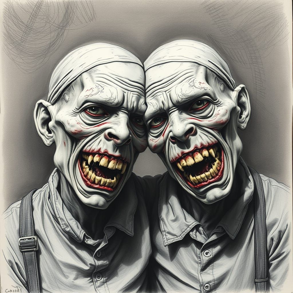Grotesque Siamese Twins: A Charcoal Drawing