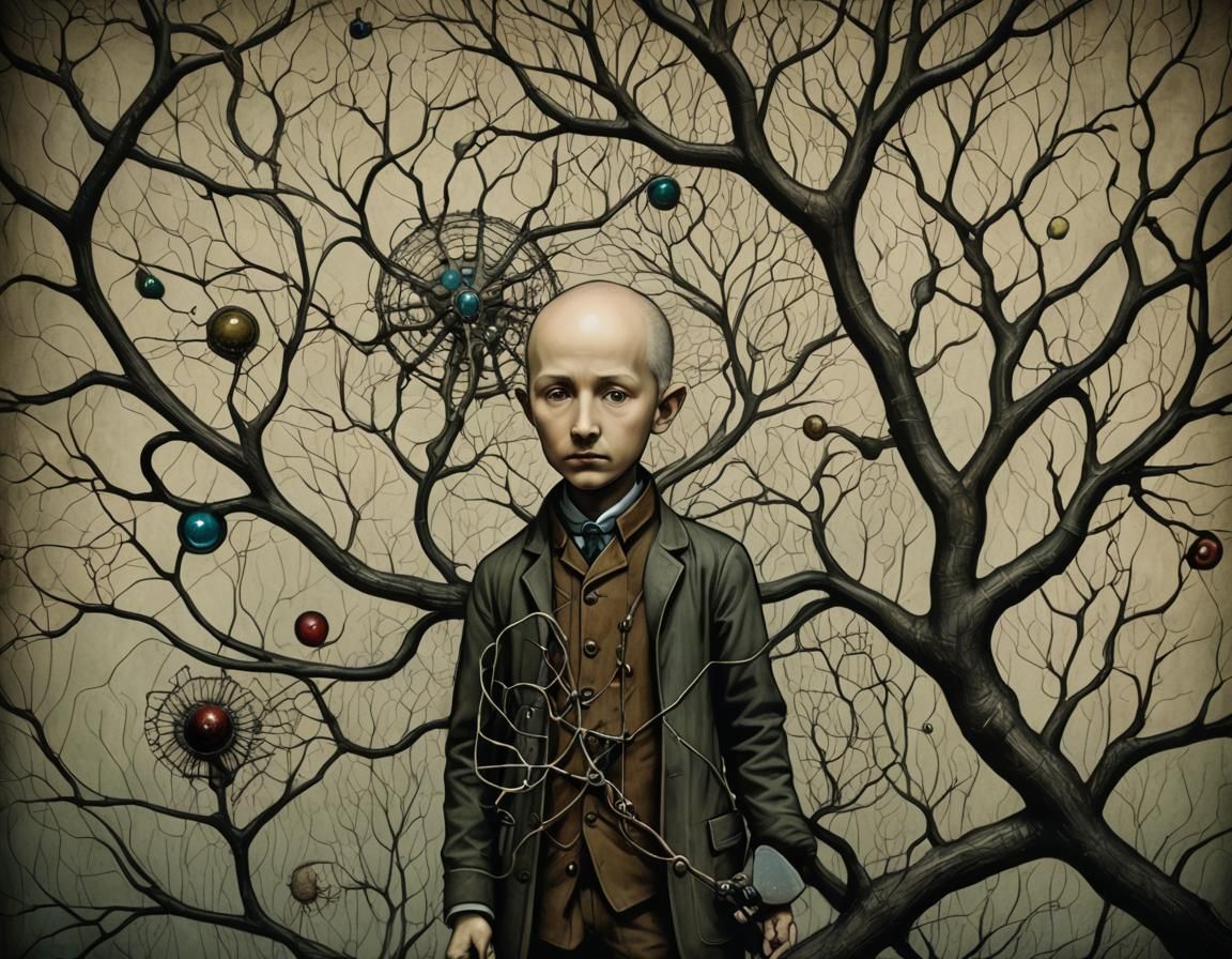 Child Microscopist in Neuron, Ramon y Cajal Illustration