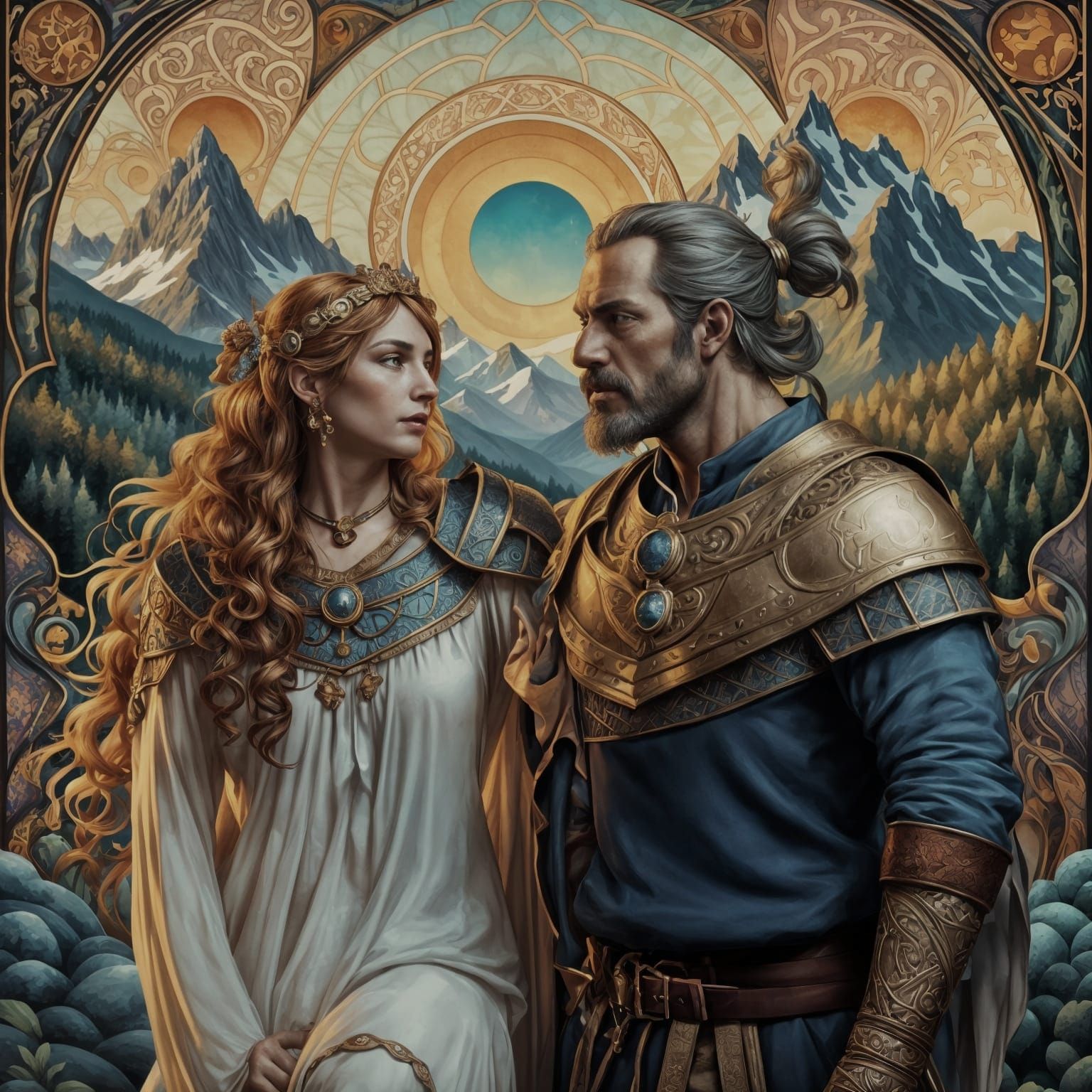Detailed Portrait of Middle-Aged Couple in Art Nouveau Style