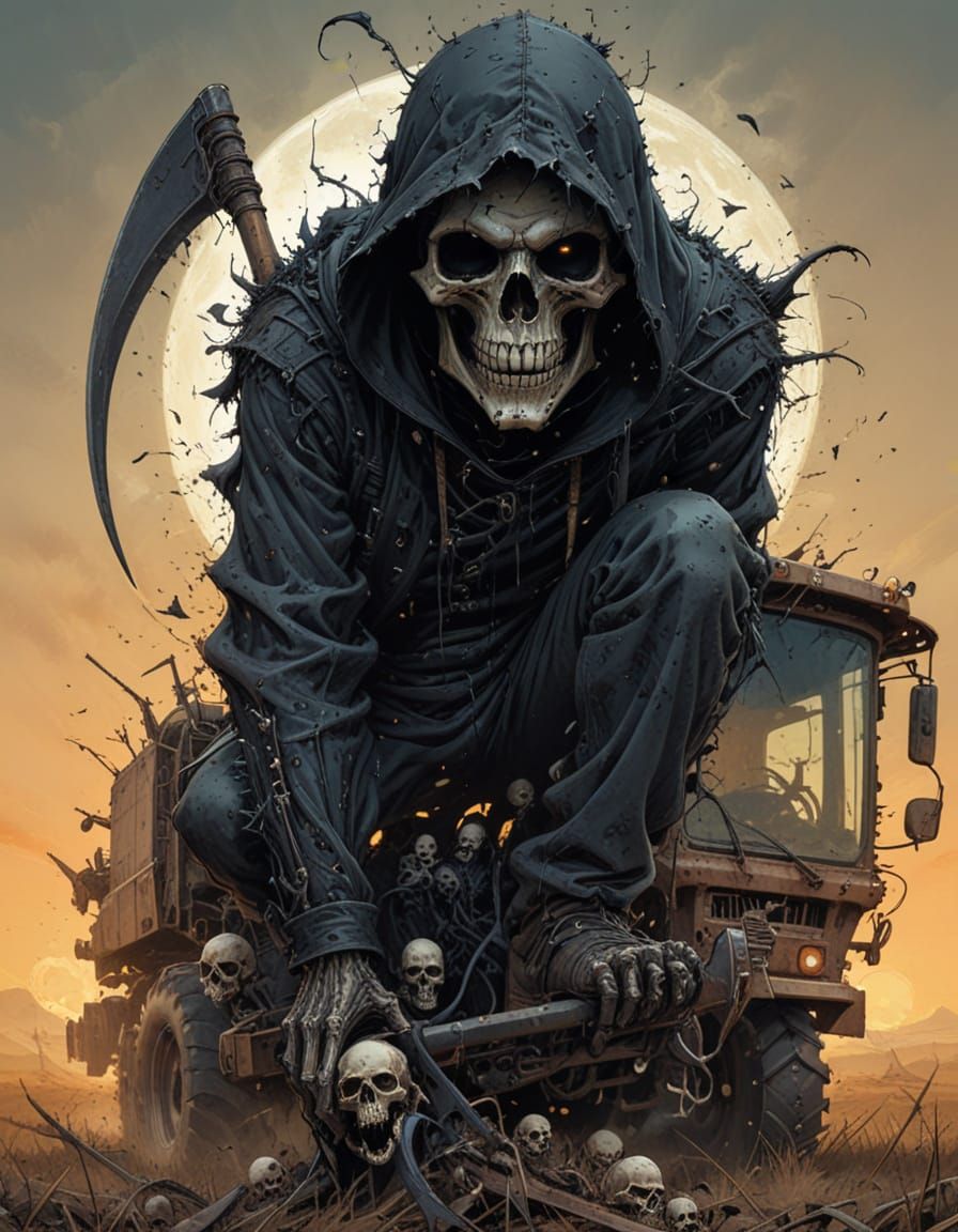 Grim Reaper Rides Combine Harvester in Skull Field