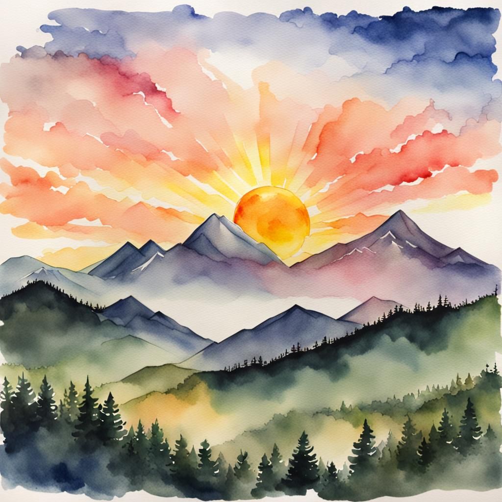 Watercolor Sunrise Over Mountain Landscape
