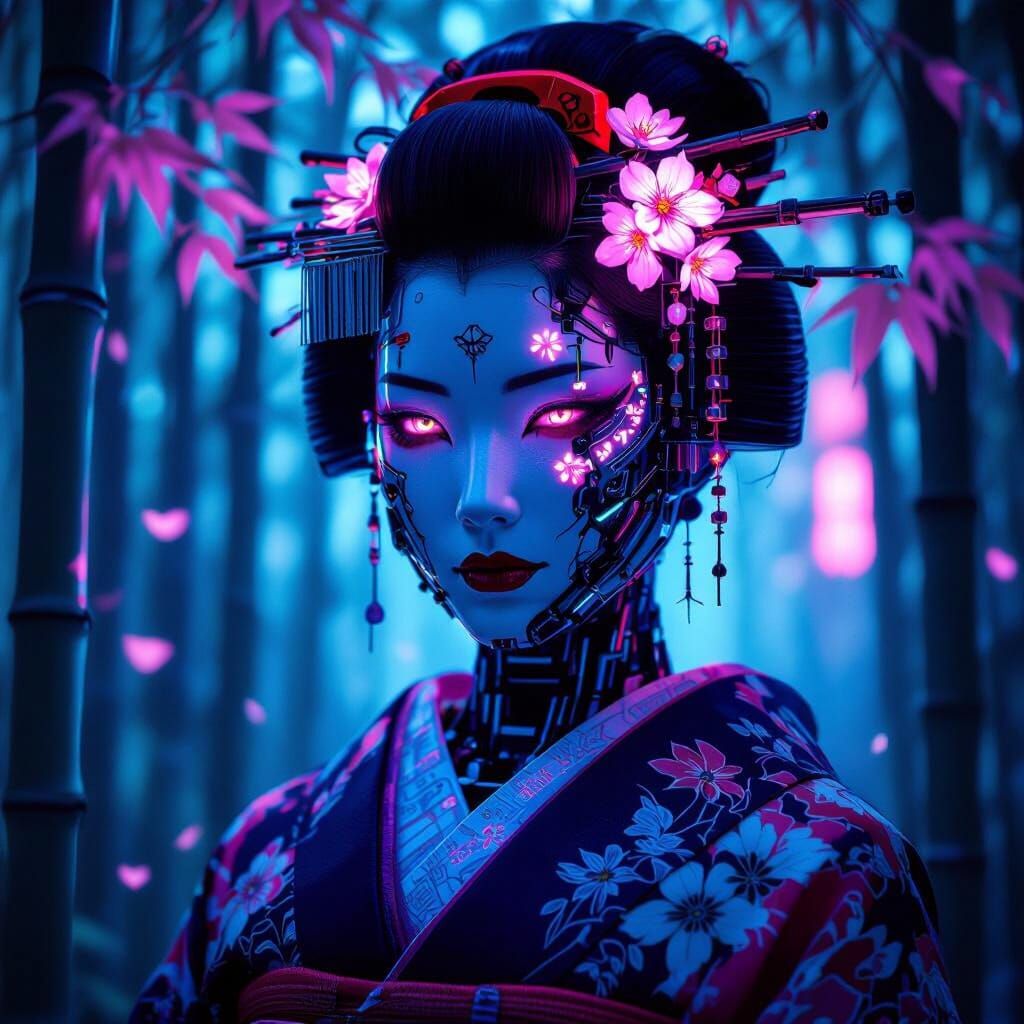Cyborg Geisha in Neon Bamboo Forest