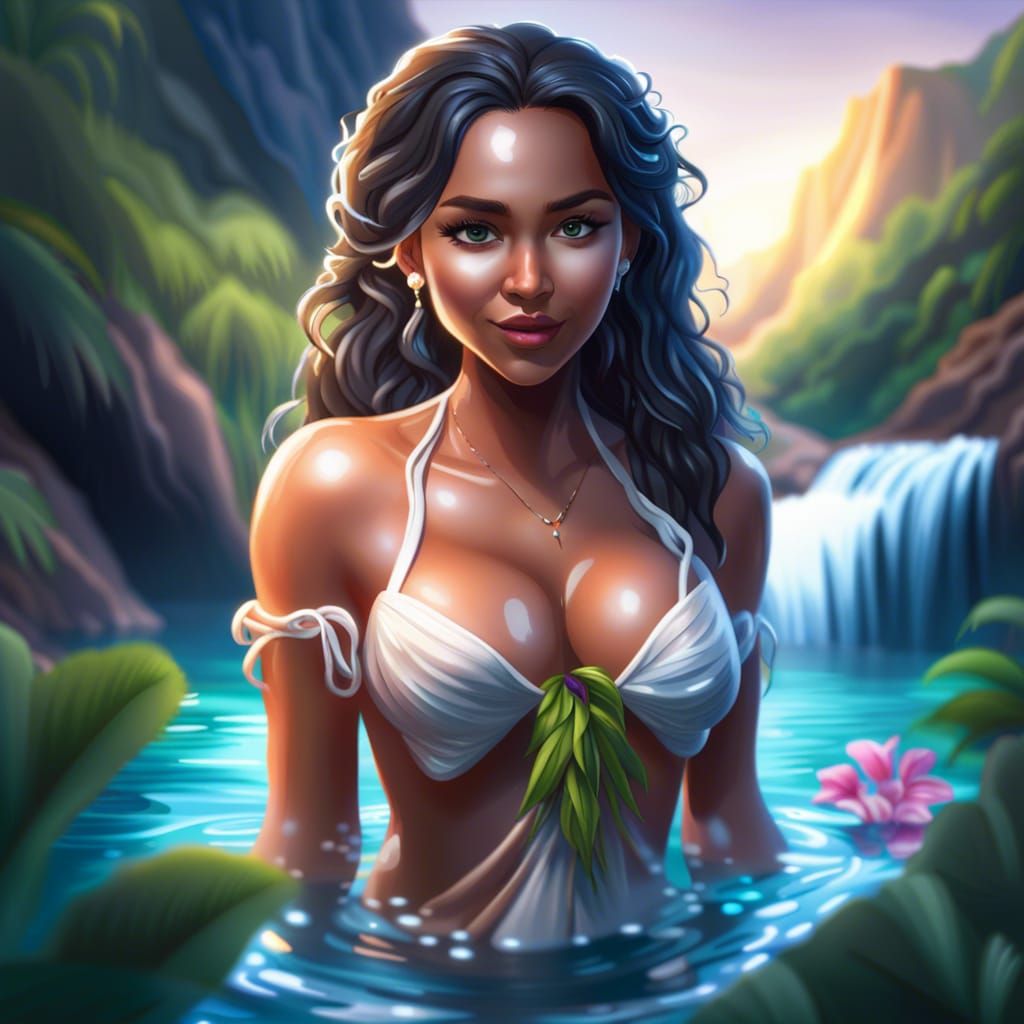 Hawaiian Goddess Bathing in River, Digital Painting
