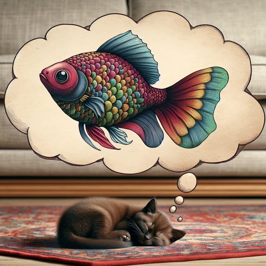 Dreaming Cat with Fish Thought Bubble