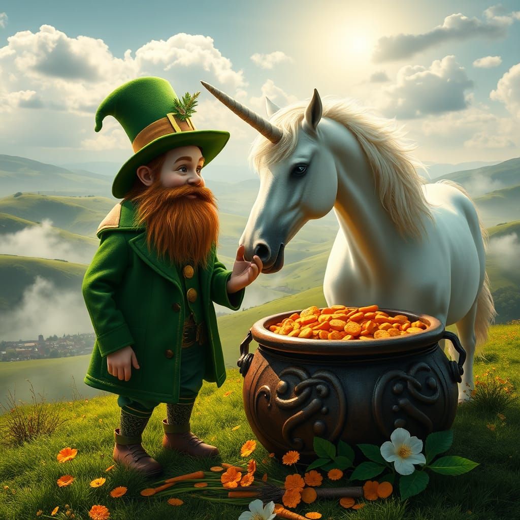 Leprechaun and Unicorn in Emerald Irish Landscape