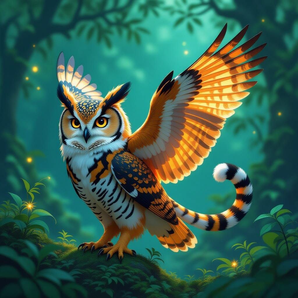 Fantastical Chimango Creature with Tiger Stripes and Owl Win...
