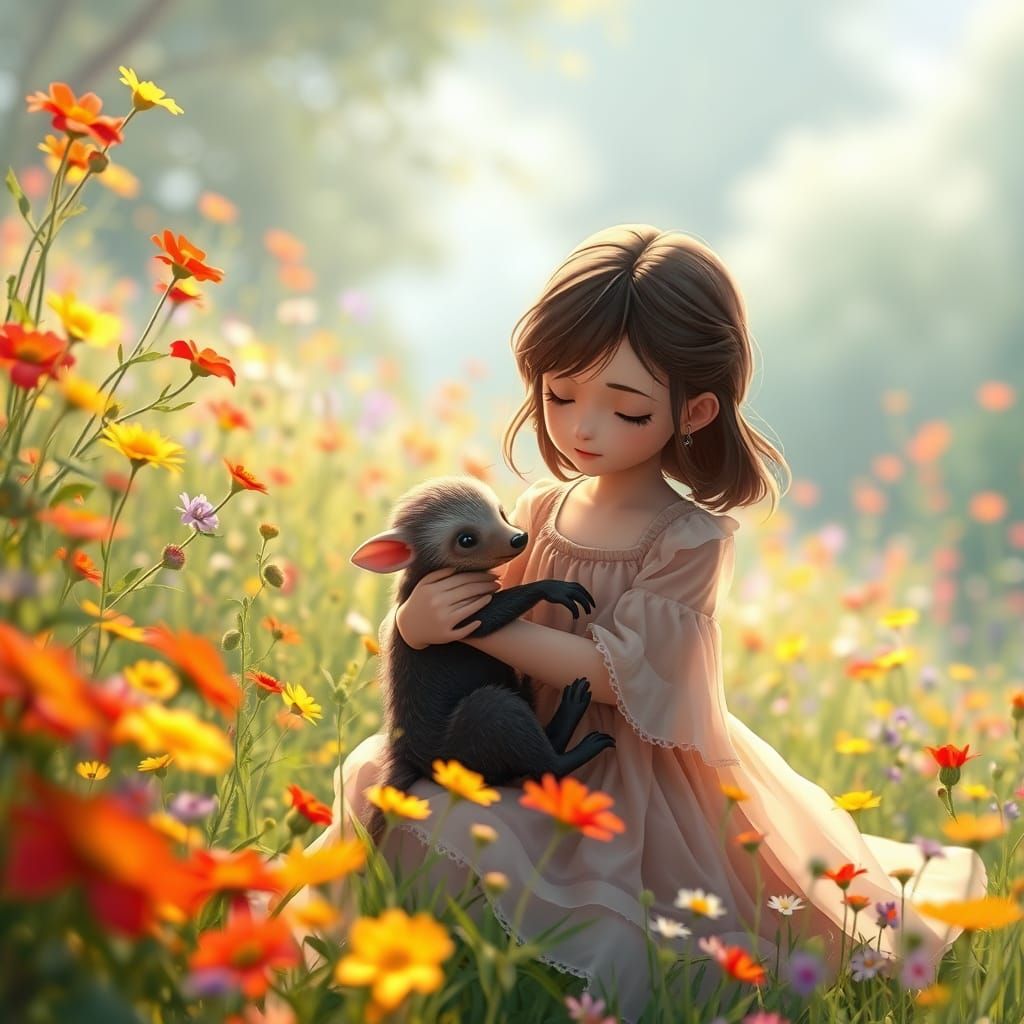Girl Cradling Anteater in Lush Anime Meadow