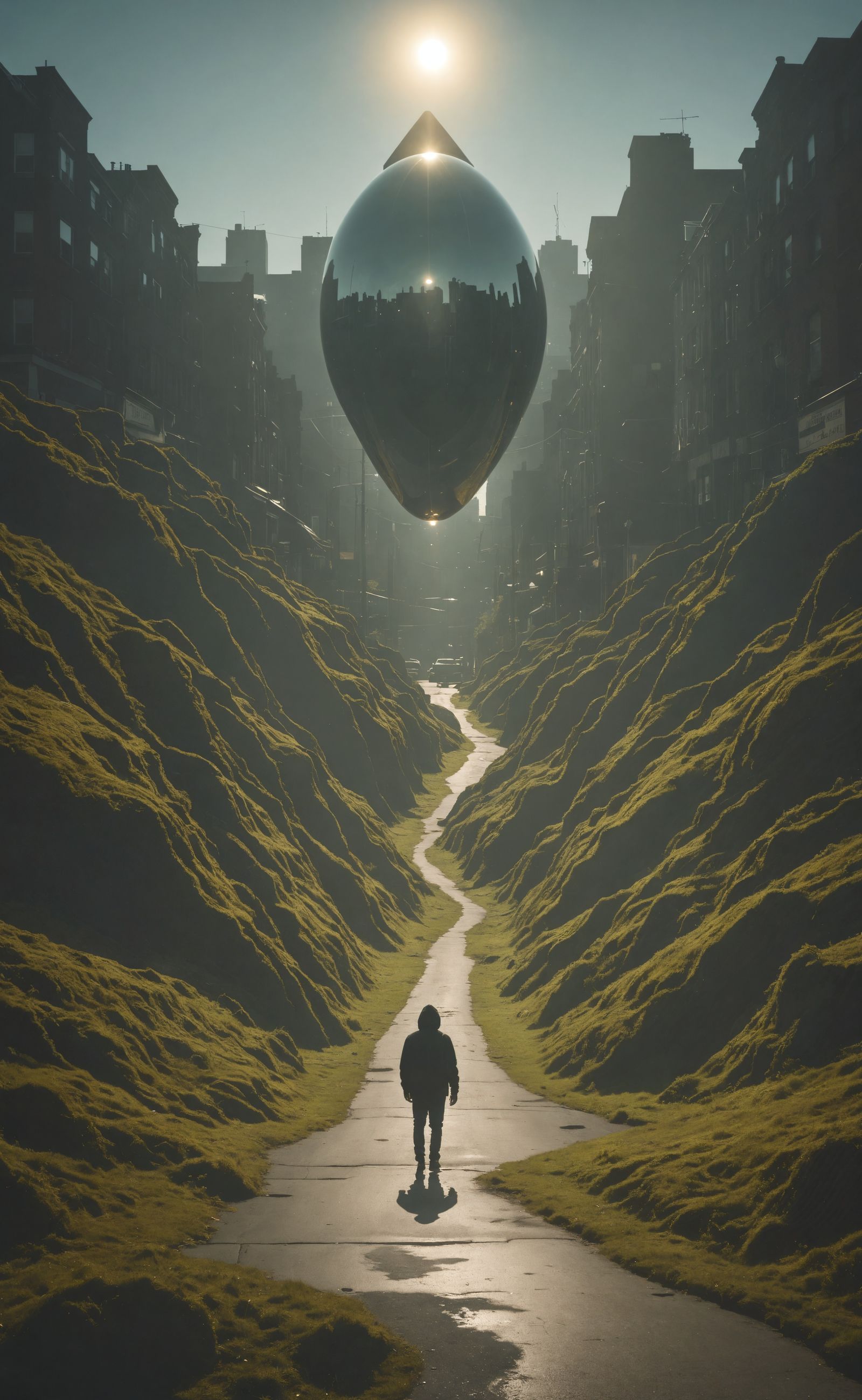 Glassy Orb Over Dark City Street in Cinematic Style